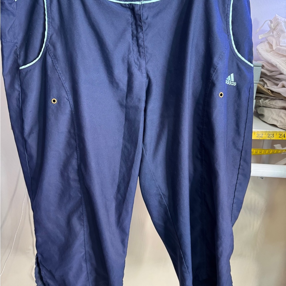 WAIST 21 inches rise 11 inches inseam 21” Adidas Dark Blue and Teal Track Pants